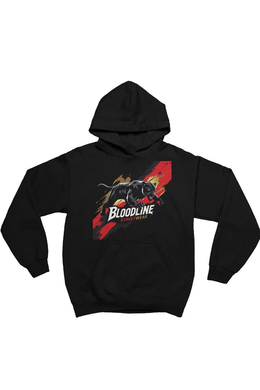 Black hoodie with a graphic design on a white background